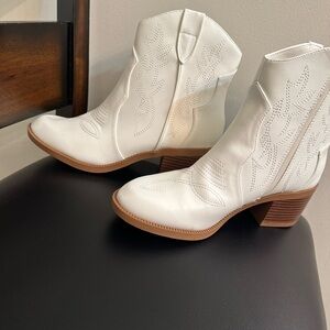 Women's White Western Ankle Booties with Stacked Heel